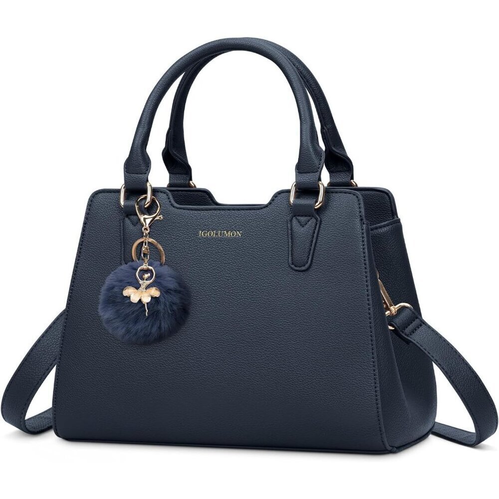Women Dark Blue PU leather Top-Handle Waterproof Anti Theft Leather Handbag
